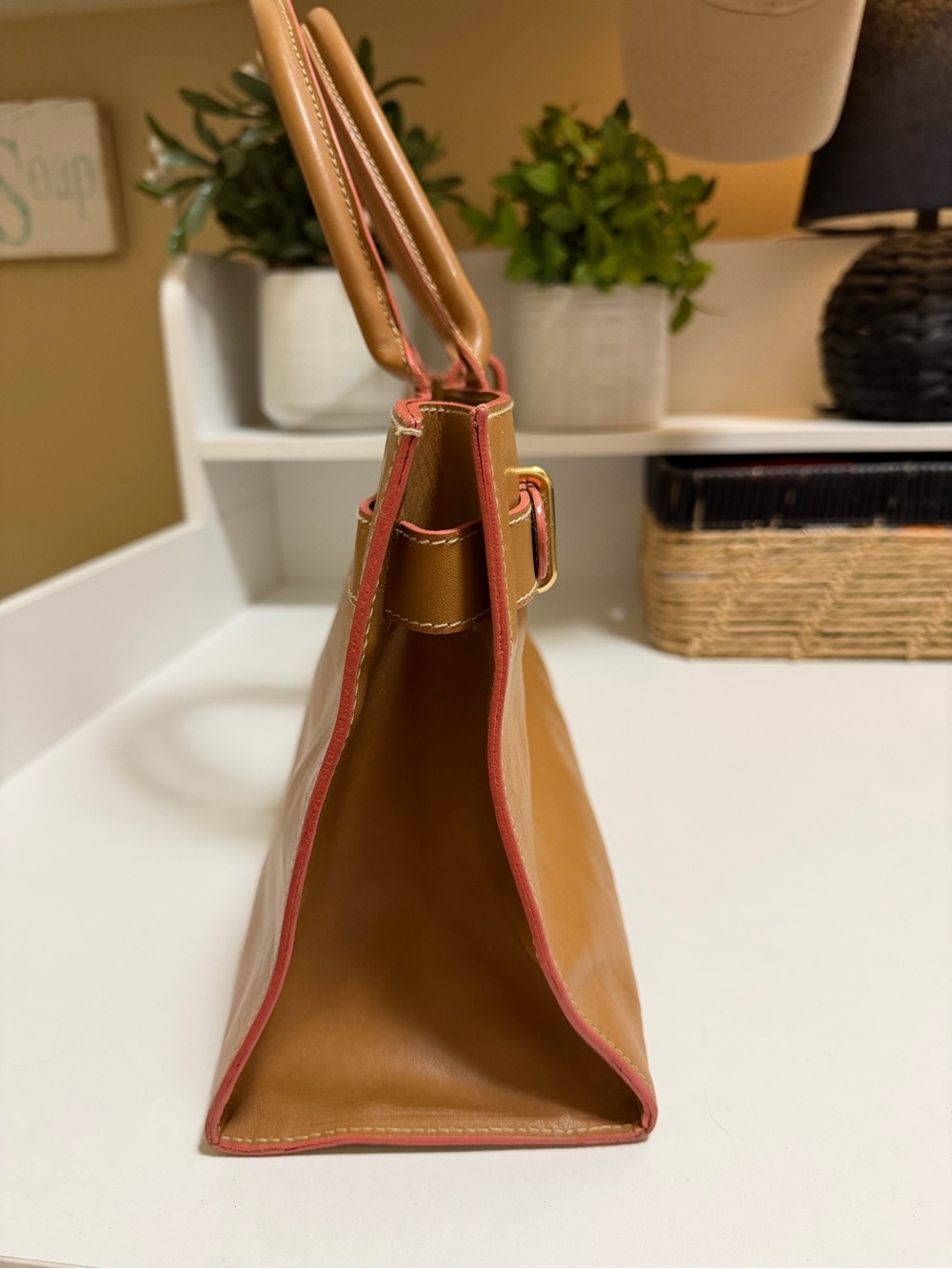 Furla Classic Tan Leather Tote Bag, tan with pink accent, excellent condition - Picture 7 of 15